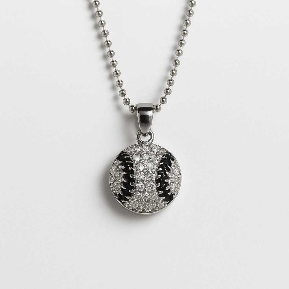 Silver Baseball Pendant Necklace with Gems